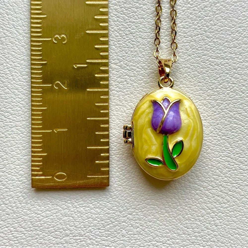 Gold Pendant Necklace with Purple tulips